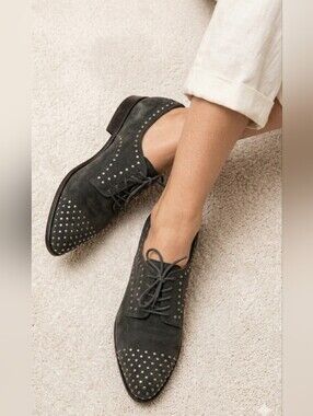 Frye Studded Women's Suede Lace-up Pointed-toe Oxford Shoes/ Sz 9/ Greyish Brown
